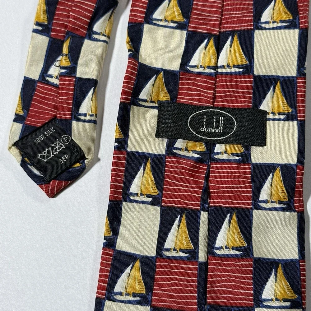 Dunhill Vintage Silk Necktie Red Blue Nautical Sailboat Checker Pattern Tie